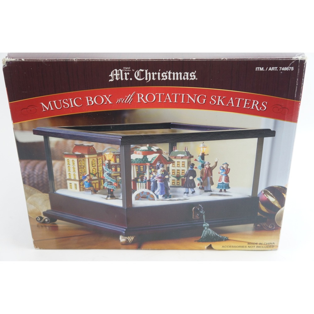 Mr. Christmas Music Box Rotating Skaters 50 Songs 745675‎ Wood Glass Case Good